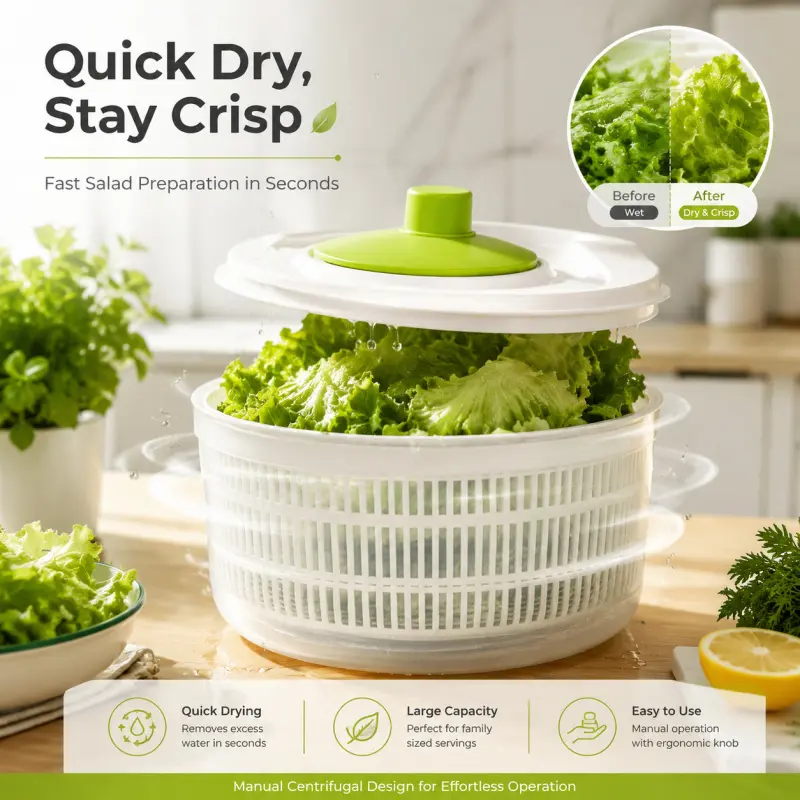 3L Large Capacity Salad Spinner, quickly drains water from vegetables to keep leaves crisp. Manual centrifugal design, labor-saving and easy to operate, Drying.