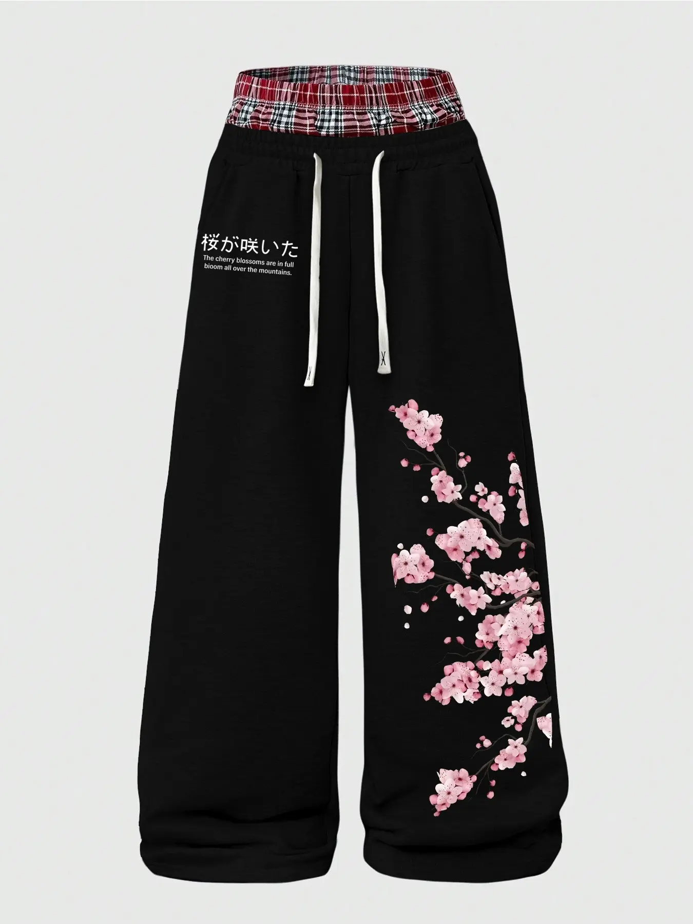 Japanese Cherry Blossom Print Wide Leg Oversize Sweatpants, High Waist Knit Fabric, Wrinkle Resistant, Perfect for Casual Streetwear