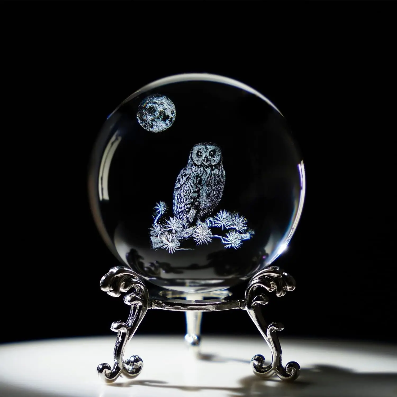 60mm 3D Laser-Etch Owl Shaped Animal Bird Crystal Art Figurine Paperweight, Engraved Glass Sphere with Stand for Home Decor Gift