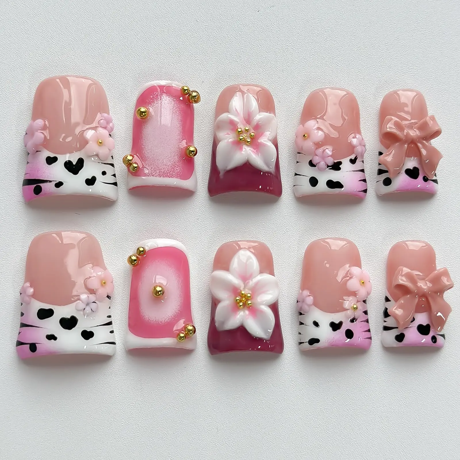 Handmade Press on Nails Short Duck 3D Rhinestones French Tip Thick Acrylic Fake Nails Pink False Nails with Cute Stars Ice Cream Designs Muti-Layer Gel Stick on Nail Art Press on Nail for WomenM