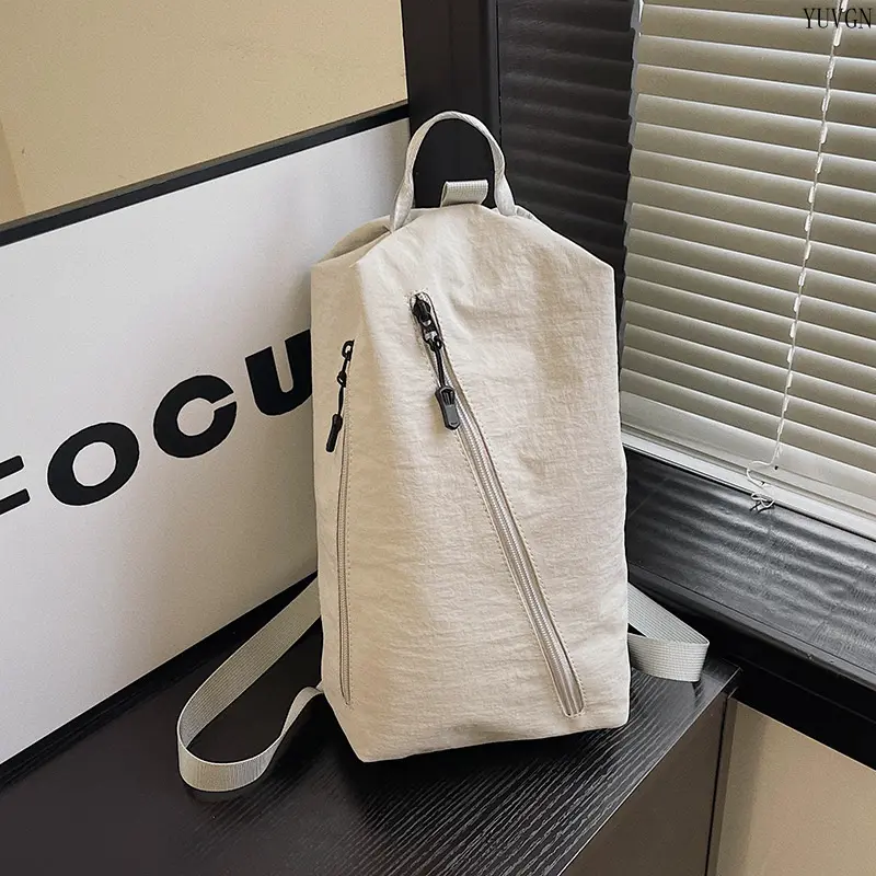 Unisex Classic Nylon Sling Backpack - Adults' Slim Fit, Minimalist Solid Colors, Lightweight Water-Resistant, Diagonal-Zipper Casual Shoulder Bag for School, Gym Use, Black
