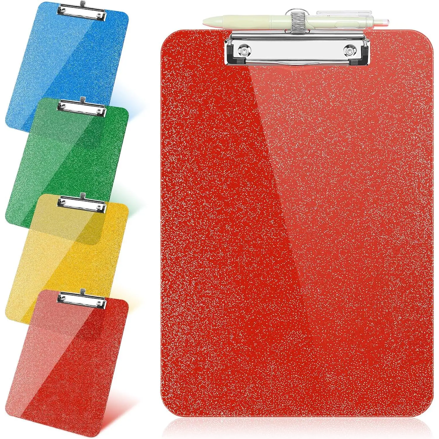1 count Clear Glitter Clipboards, Plastic Clipboard with Pen Holder,Size 8.85 x 12.4 in Shiny Clipboards with Low Profile Clip,Cute  Clipboard for Office Sparkly Clip Board-Tangerine