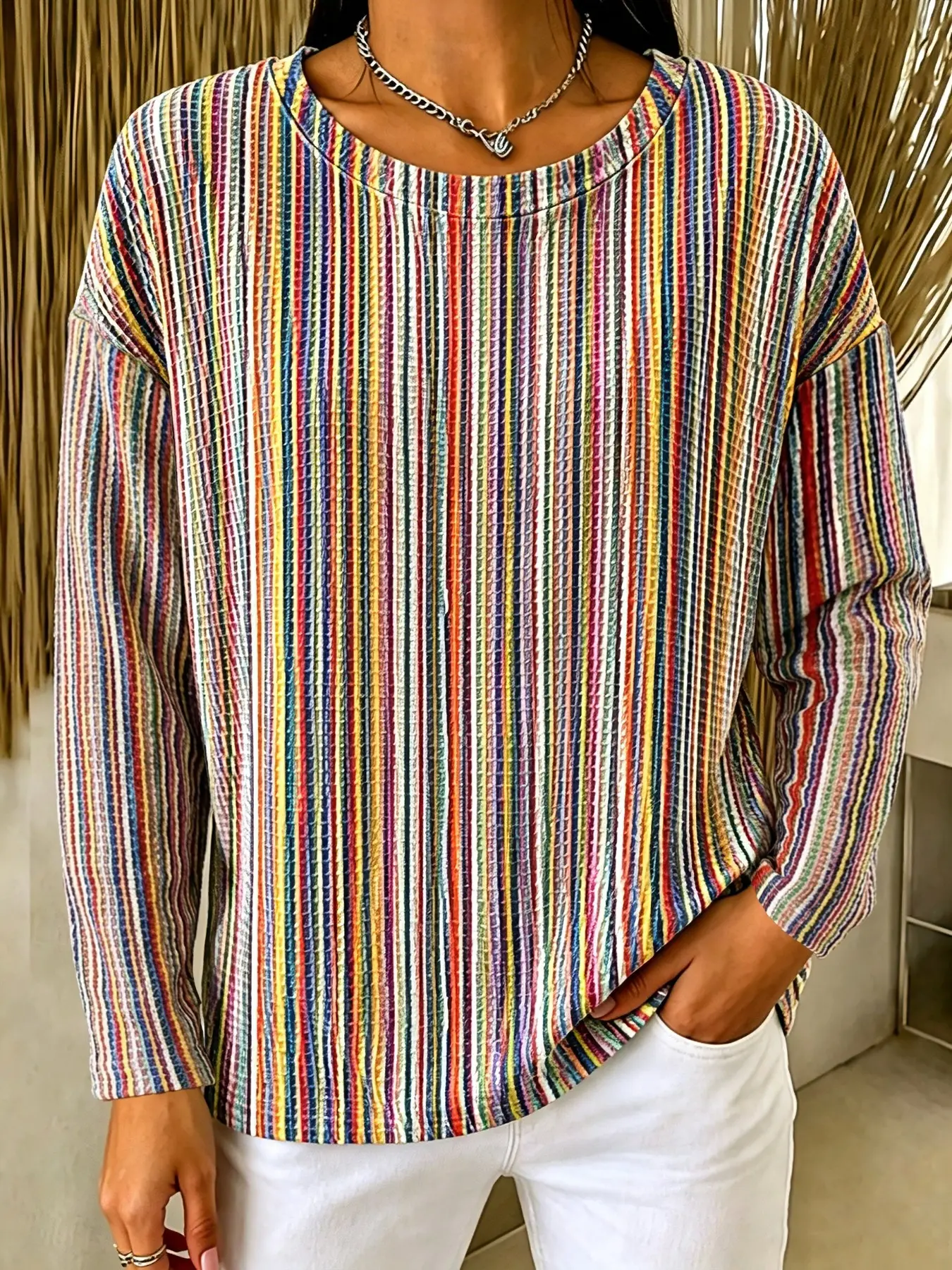 Plus Size Striped Waffle-Knit Oversized T-Shirt Casual Long-Sleeve Round Neck Loose Tee, Y2K Clothes Daily Wear, Trendy Vibrant Tops, Comfortable Relaxed Fit Casual Ensembles, Stylish Textured Stripes Detail Party Casual Wear