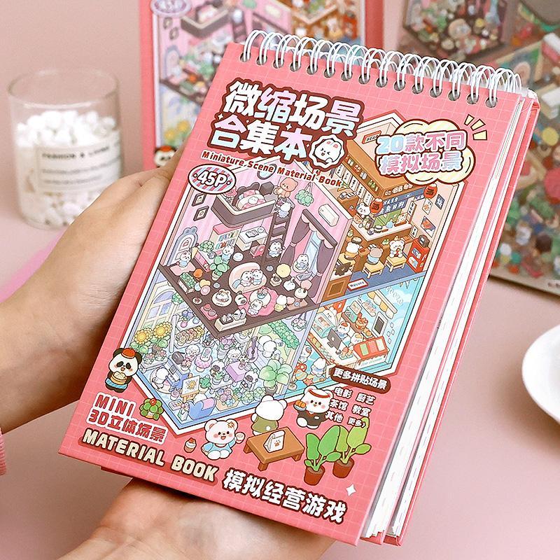 Miniature Scene Collection Book with 20 Scene Cards, 25 Stickers and 1 Tweezers, 3D DIY Decorative Sticker Book Gift Wrapping Set, Sticker Album