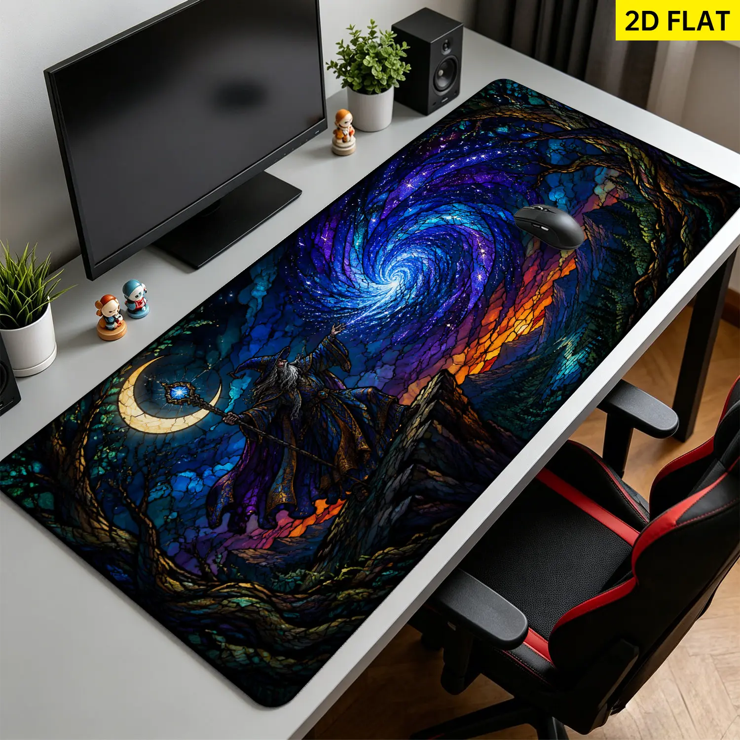 Extra Large Stained Glass Wizard Galaxy Mouse Pad, Non Slip Rubber Pad, Desktop Decoration Drotection Pad, Washable, Lock Edge Multi Size, Premium Multipurpose Mousepad For Home, Office, Gift for Family and Friends