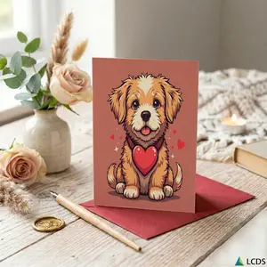 1PC Greeting Card and 1PC Envelope Multi-functional Greeting Card and Love Gift Card Cute Dog Cartoon Print Red Heart Design Suitable for Friends Family Valentine's Day Birthday All-Season Celebration