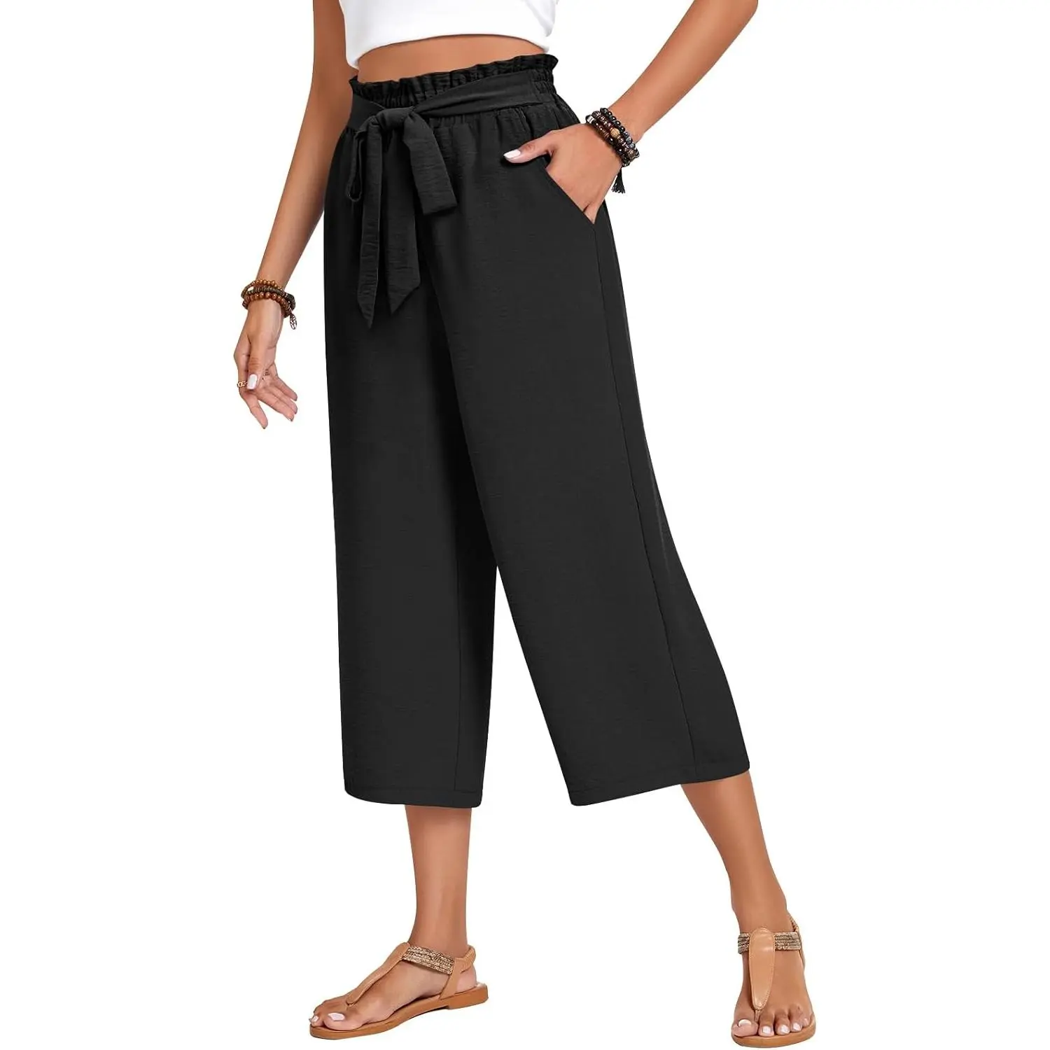 Women's Plus Size High-Waist Loose-Fitting Tie-Knot Capri Pants with Pockets - Casual Curvy Clothing Bottoms, Capri Pants Women