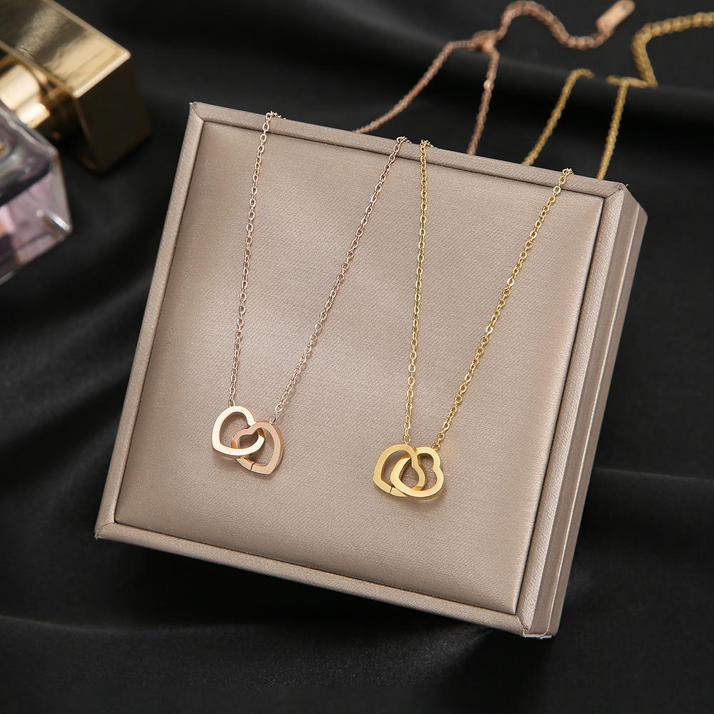 Rose Gold Double Circle Necklace Korean Style Minimalist Dainty Layered Pendant Non Tarnish Titanium Steel Waterproof Hypoallergenic Jewelry for Daily Wear Gift for Her