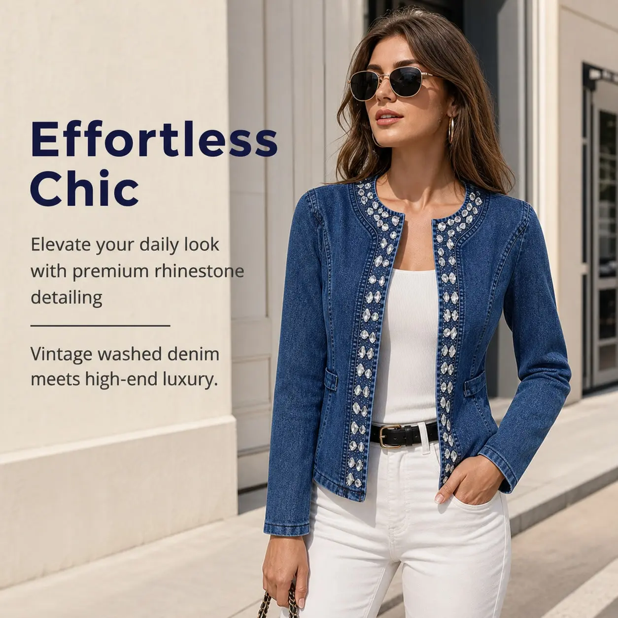 Women's Collarless Embellished, Vintage Washed Stretch Long Sleeve Cropped Jean Coat With Side Pockets