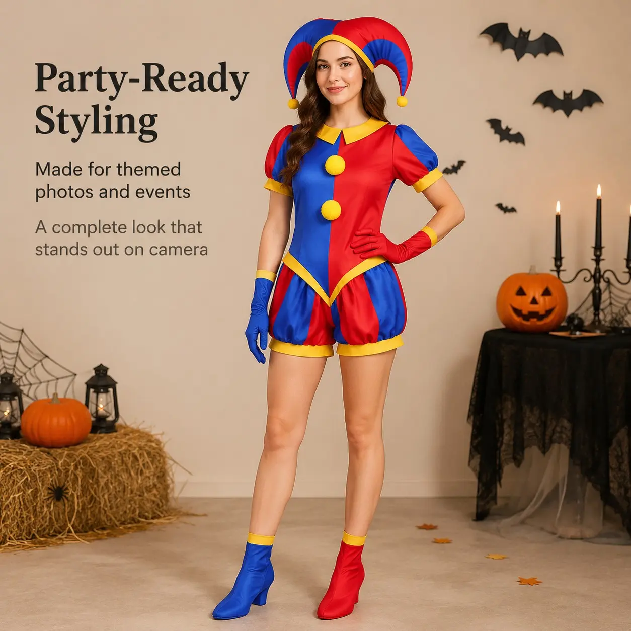 Mom & Daughter Matching Jester Costume, Family Clown Cosplay Outfit, Short Sleeve Jumpsuit with Hat, Gloves & Shoe Covers