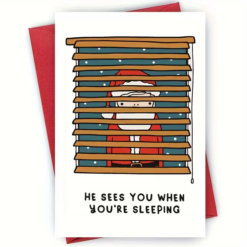 Funny Christmas Card with Envelope Santa Sees You When You're Sleeping Naughty Christmas Humor Greeting Card for Friends Family Coworkers Secret Santa Holiday Gift