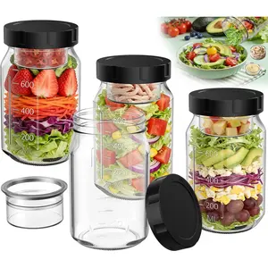 Glass Salad Jars with Lids, 32oz Salads Mason Jars with Separation Cup, Meal Prep Salad Containers for Lunch, Leakproof Wide Mouth Food Storage Containers, Reusable (Black)