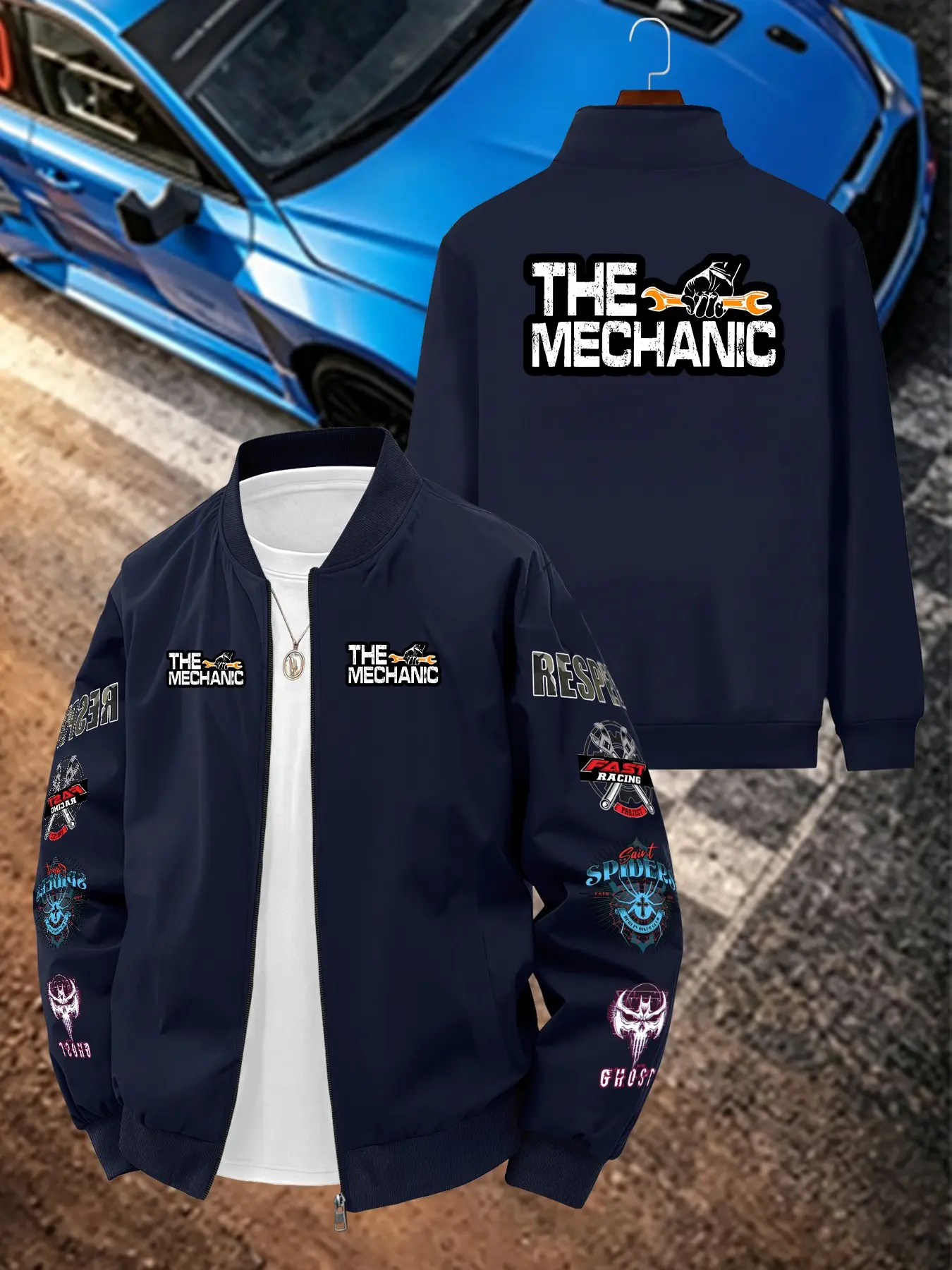 Mechanics Pattern Print Men's Casual Jacket, Long Sleeve Fitted Outerwear, Geometric Design, All Seasons Wear, Plain Surface