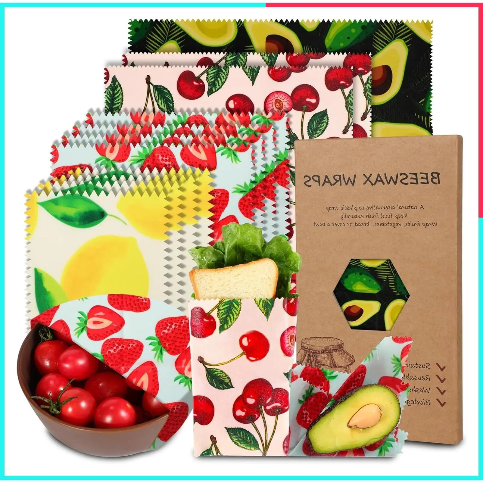 Reusable Beeswax Wraps 11 Pack - Eco-Friendly Organic Food Storage, Sustainable, Biodegradable, Zero Waste, Plastic-Free, Fruit Patterns (1 Large Avocado, 2 Medium Cherry, 4 Small Strawberry, 4 XS Lemon)