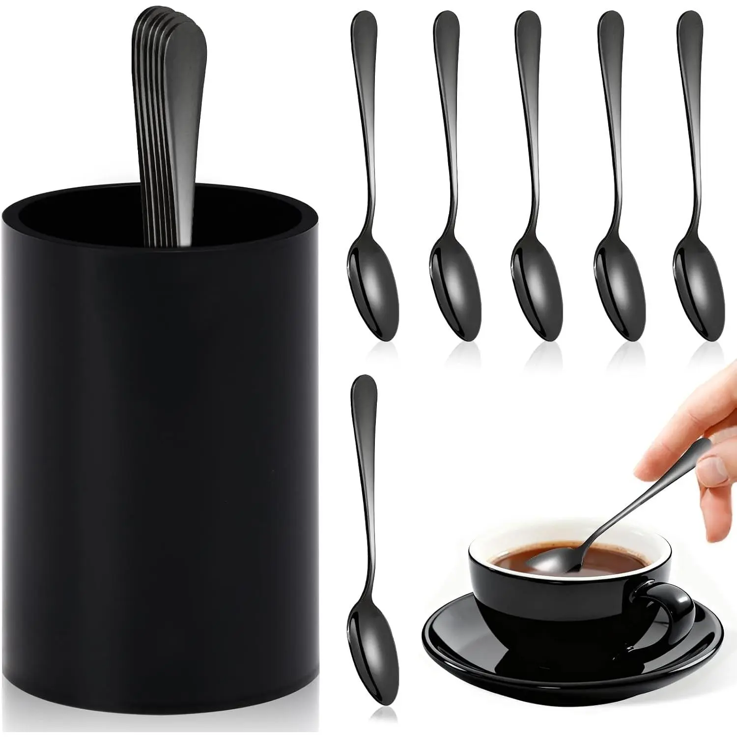 6 PCS Black Coffee Spoons with Holder Small Espresso Coffee Spoons 4.92 Inch Coffee Mixing Spoon Black Dessert Spoon Stainless Steel Tea Spoon Set of 6 for Tea Party Bar