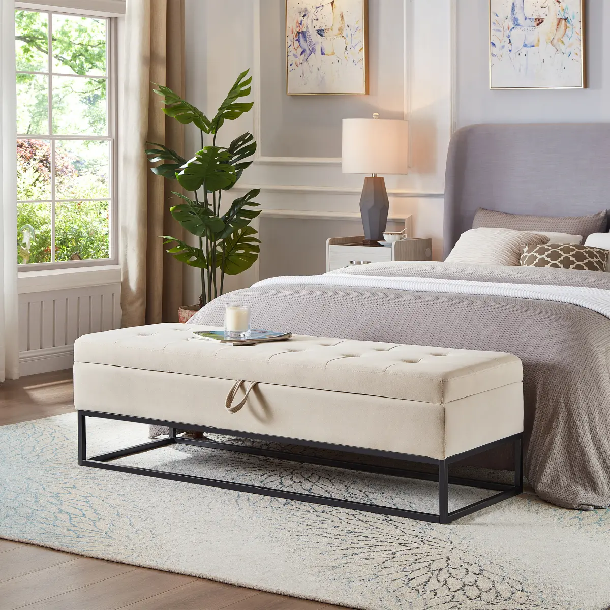 Beige Velvet Upholstery Bedroom Bed Bench with Metal Base, Foam Button Tufted, 58.6"l x 21.2"w x 18.5"h, 500lbs Capacity, Large Storage, Small Space Fit, Contemporary Decor, Assembly Required, Wipe with Fabric Cleaner, Non-Reversible Cushions