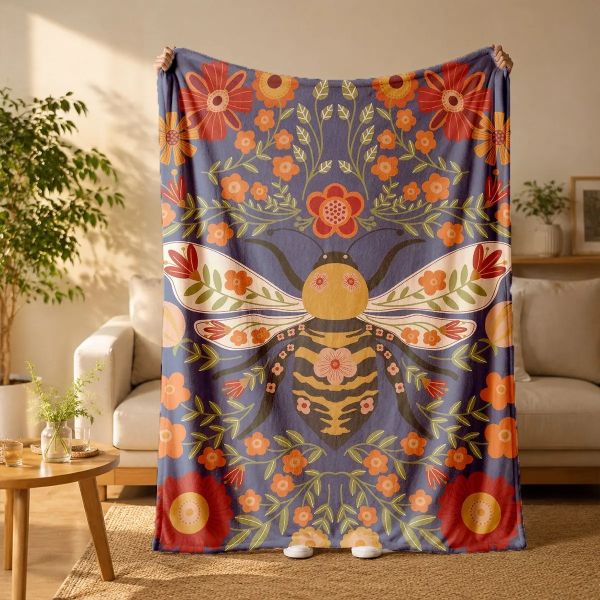 Vintage Folk Art Bee and Floral Print Flannel Blanket - Suitable for all seasons, soft, lightweight and breathable, for bedroom, seasonal and holiday decorations - Perfect for beds, sofas, offices, camping and travel