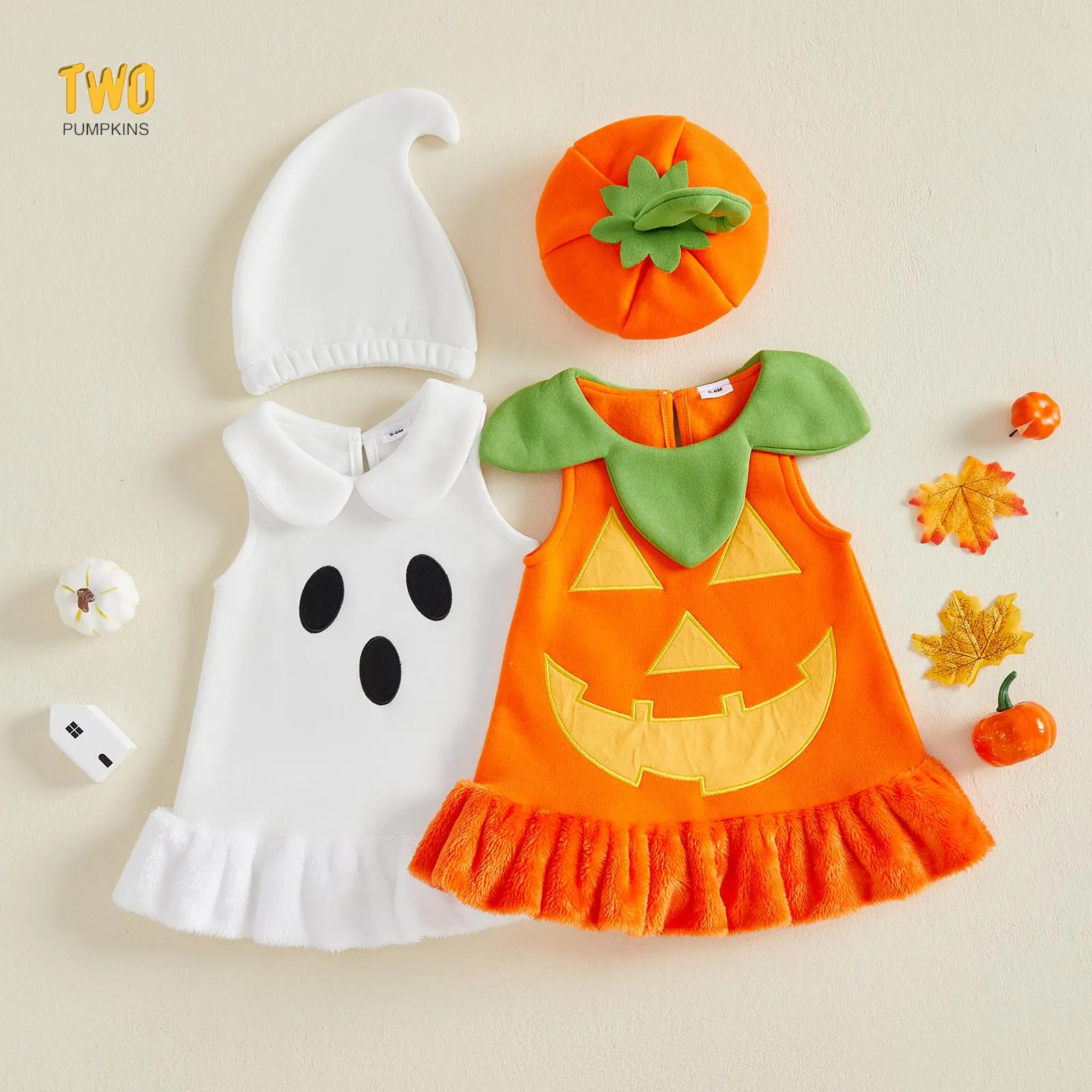 Kid Girls Halloween Costume Sleeveless Pumpkin/Ghost Cosplay Dress with Hat