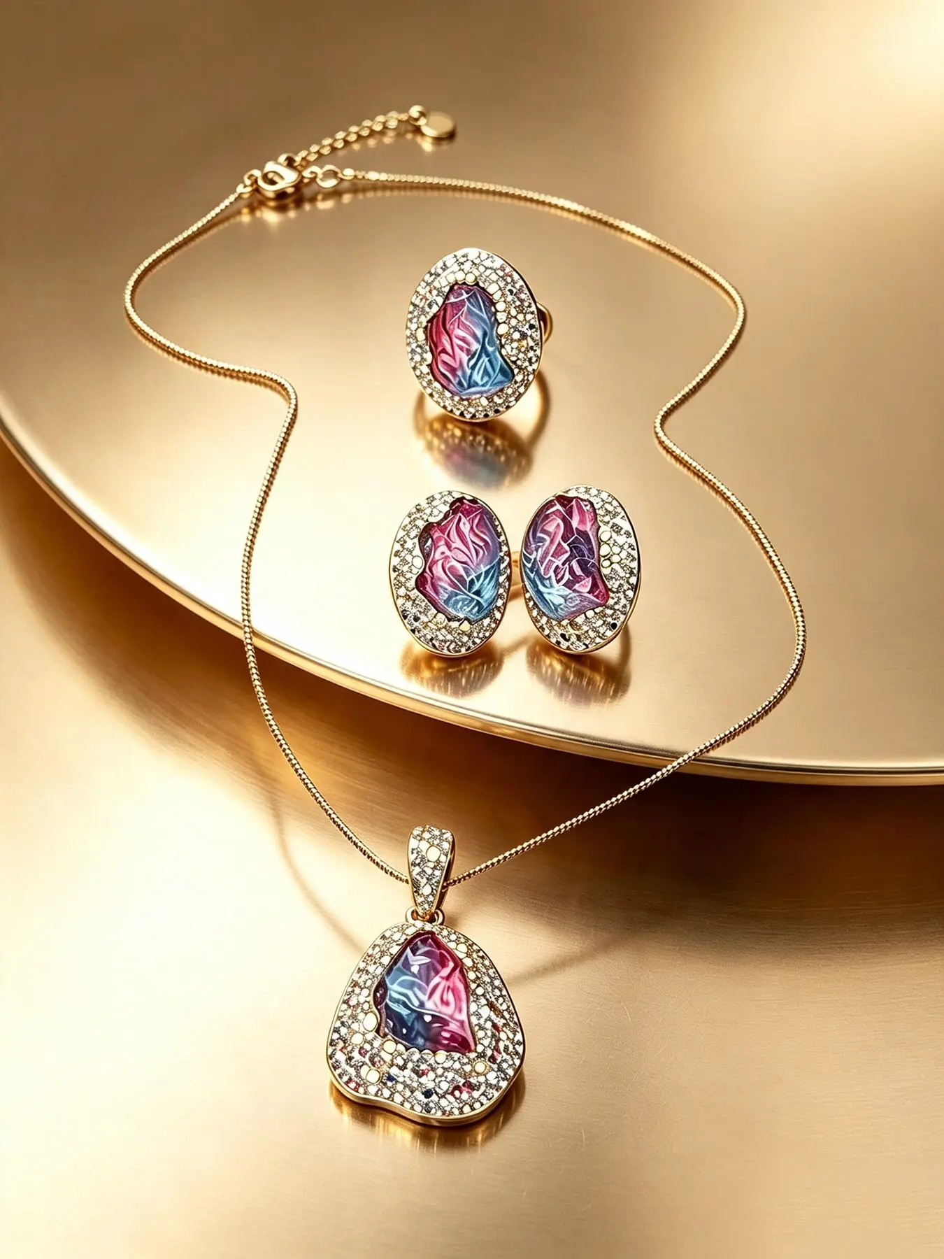 Iridescent Liuli Jewelry Set with Necklace、Earrings and Ring, 18k Alloy, Cute Style, Perfect for Daily Wear and Parties
