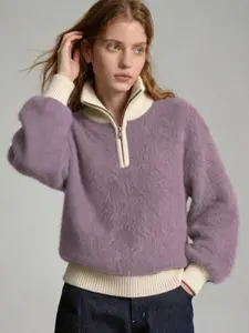 Women's Maha Cashmere Half-Zip Sweatshirt, Loose Fit Casual Style, Contrast Color Ribbed Trim, Soft Smooth Skin-Friendly, Office Wear