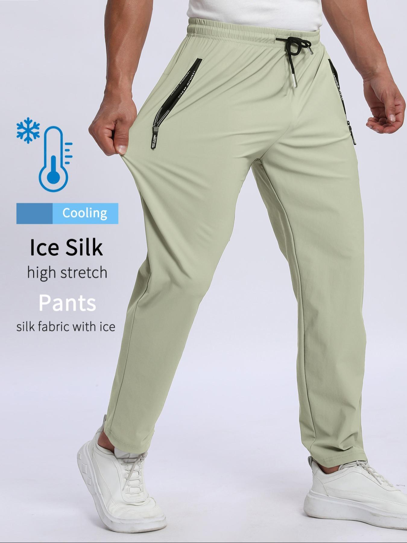 Men's Solid Zipper Pocket Pants, Regular Fit Casual Comfy Breathable Elastic Waist Trousers for Outdoor Activities, Breathable Athletic Bottoms, Men's Bottoms for Summer