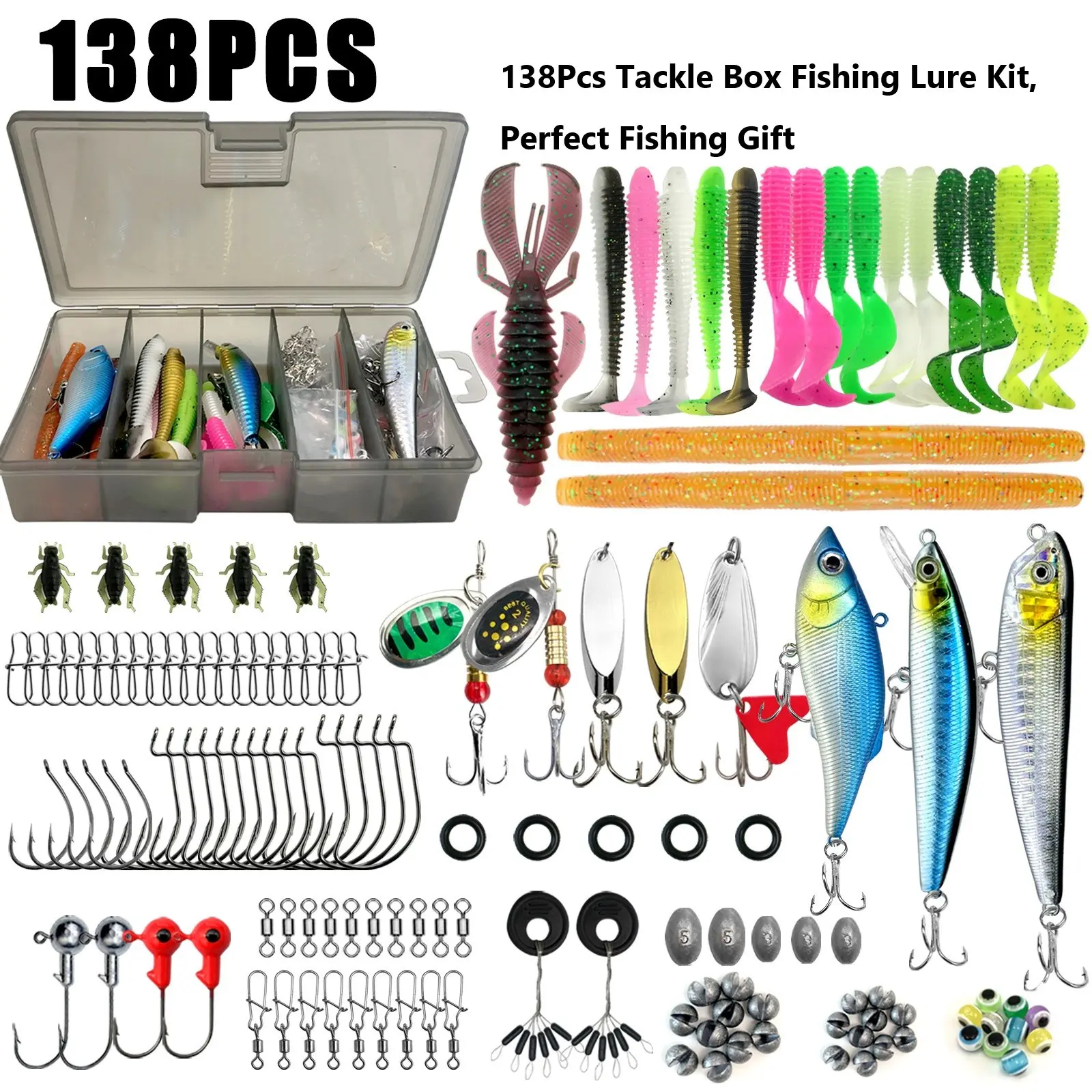 138pcs Fishing Lure Tackle Box with Tackle, Includes Crankbaits, Spoon, Hooks, Weights, Fishing Bait Lure Gear Kit, Perfect Gift