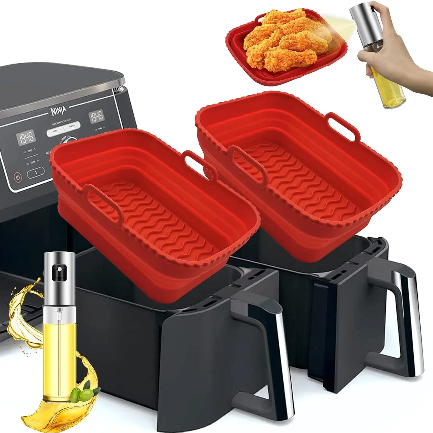 2-Pack Foldable Air Fryer Liners For  Air Fryer With 1-Pack Oil Sprayer Dispenser,   Liner In Red
