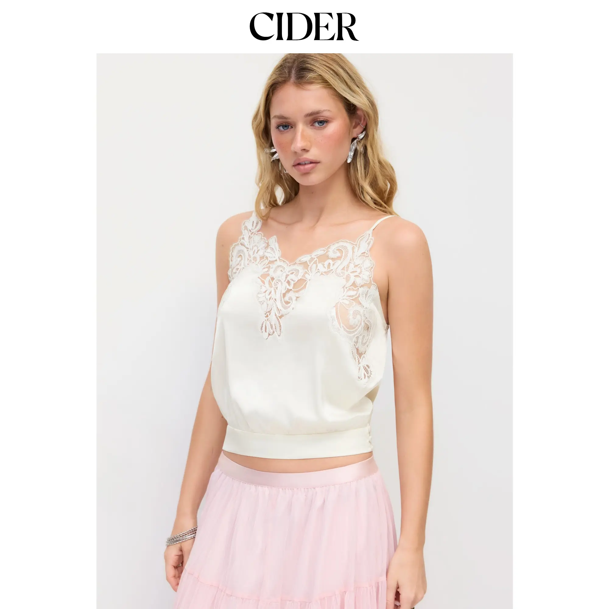 Cider Satin V-neck Floral Lace Trim Cami Blouse
