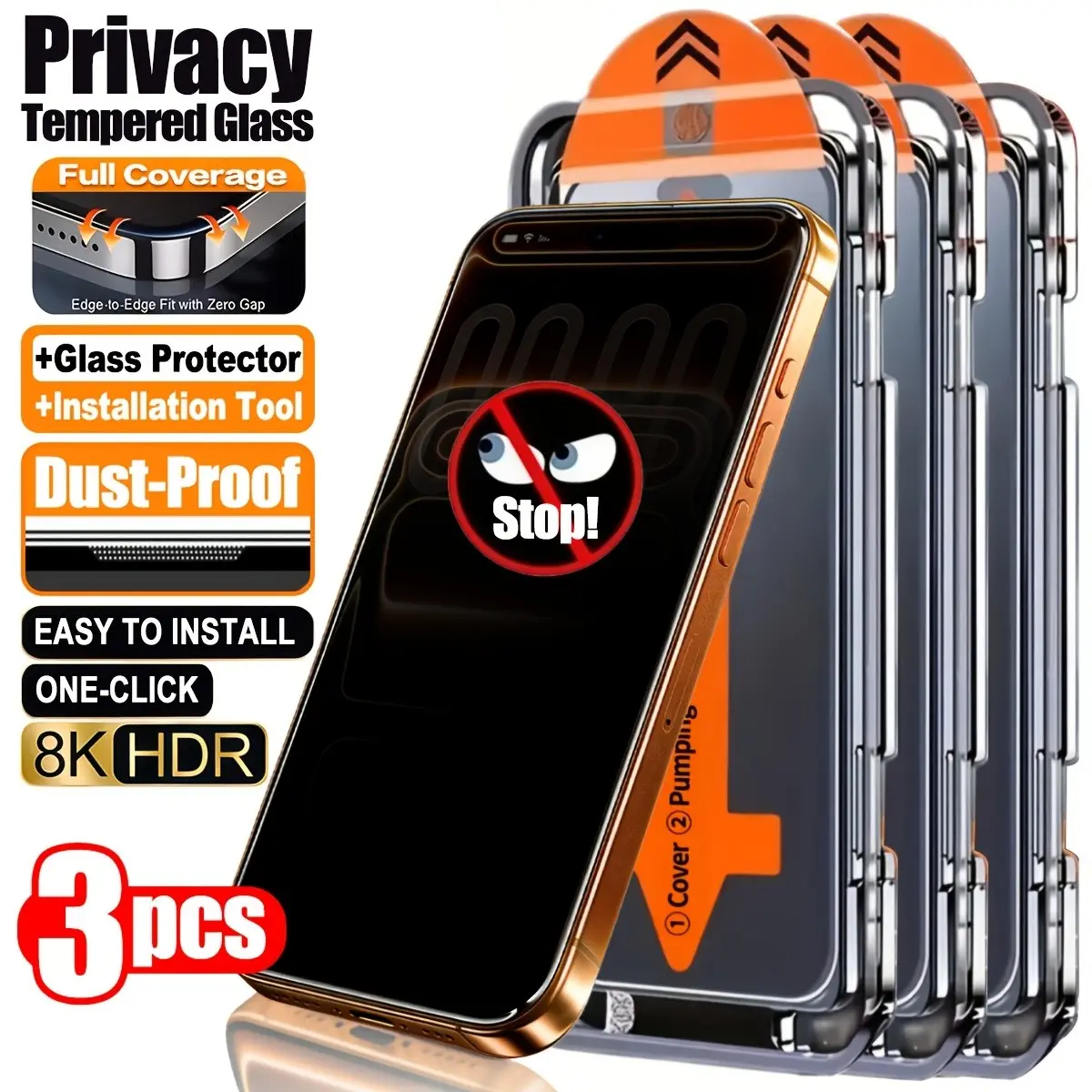 3pcs Tempered Glass Privacy Screen Protector with Install Kit Auto-Alignment Kit, Compatible with iPhone 17 Pro Max/16/15 Plus/14 /13/12 Pro/11/Xs Max/17Air and More. AR+AF High Quality 9H Hardness Tempered