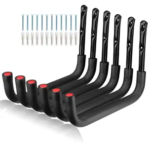 6 Pack 15.5 Inch Wall Mount Kayak Storage Hooks, Heavy Duty Canoe Hangers Snowboard Storage Rack, Holds Up to 100lbs, Black+Red, 15.5'' x 10.5''
