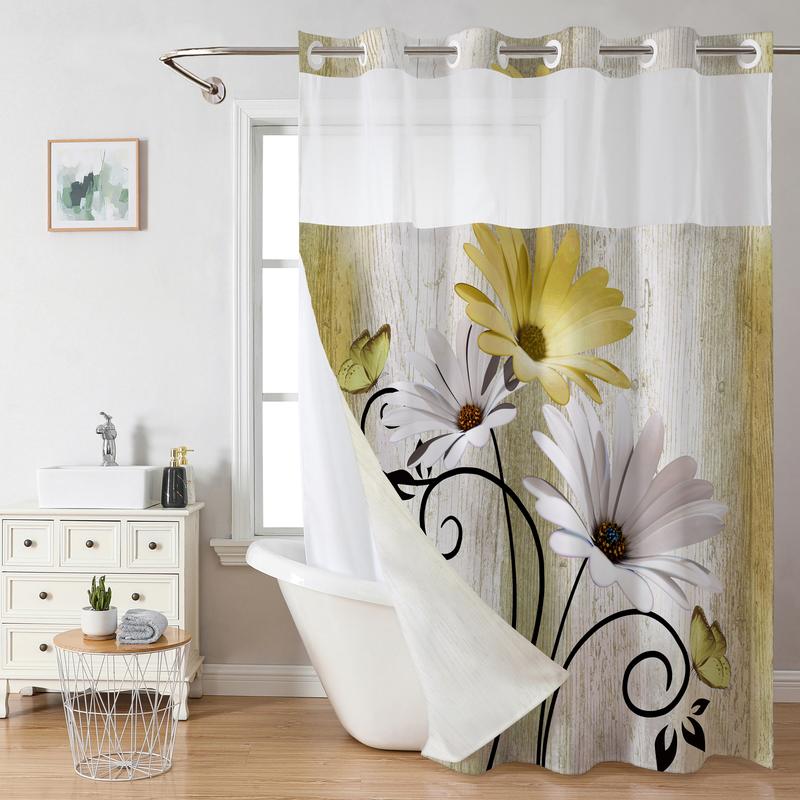 No hooks double-layer shower curtain, Daisy printed waterproof fabric, retro country style home decoration, hotel, dormitory and bathroom accessories, 72x75in