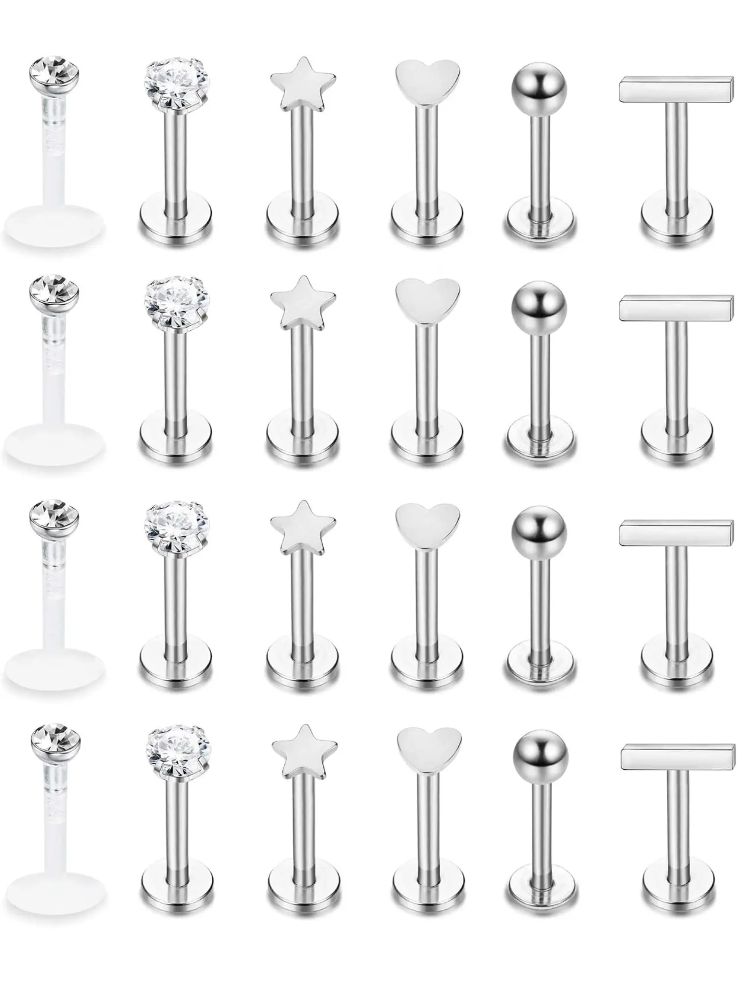 24Pcs Unisex 16G Stainless Steel Push In Threadless Labret Stud Set, Multi-Purpose Piercing Jewelry For Lip Monroe Medusa Helix Tragus Cartilage Women Men