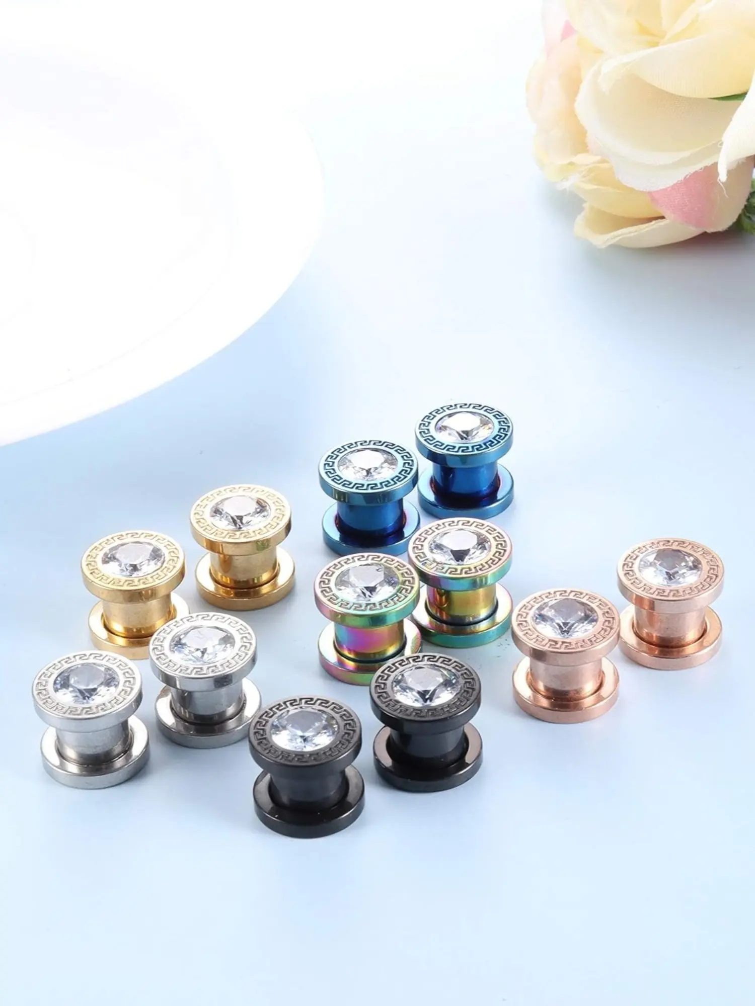 6 Pairs Vintage CZ Carved Ear Tunnel Plug Set Multi-Color Stainless Steel Double Flare Ear Stretcher Gauges Copper Geometric Border Body Piercing Jewelry for Men Women Rainbow Matte Cool Punk Unisex Gift Collection