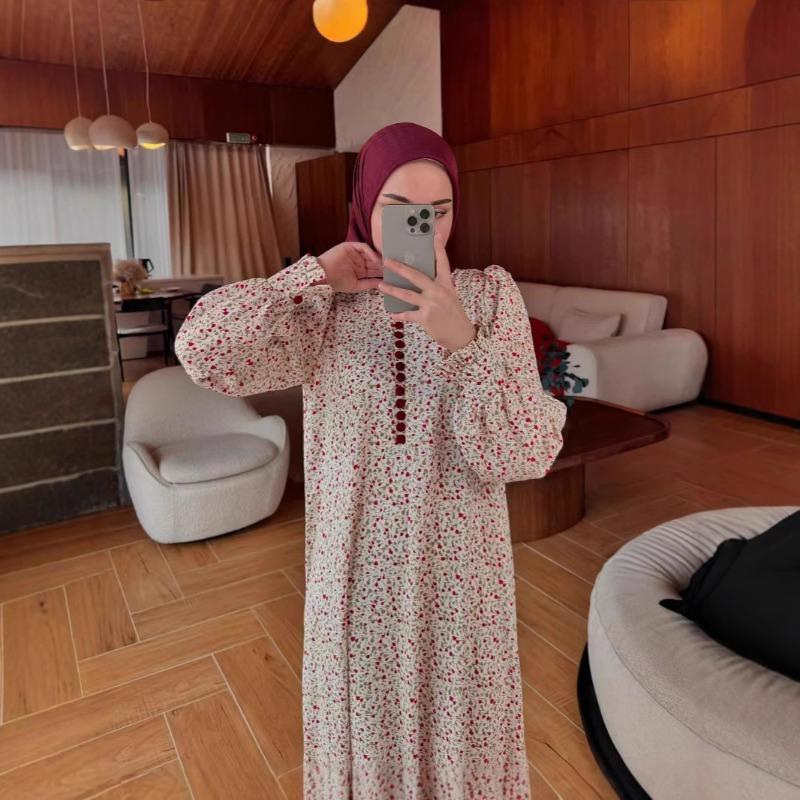 2026 Muslim Women's Clothing Spring and Autumn New Small Floral Long-sleeved Pendulum Dress
