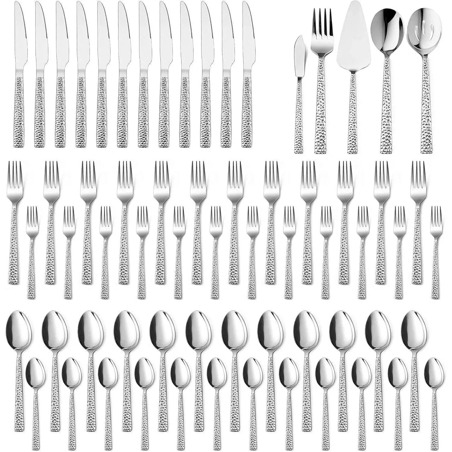 65-Piece Hammered Silverware Set with Serving Utensils, Service for 12