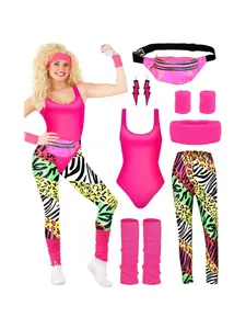 80s 90s Sporty Outfit Tracksuit Retro Activewear Set With Headband Leg Warmers Aerobics Party Earrings Tank Top And Long Pants