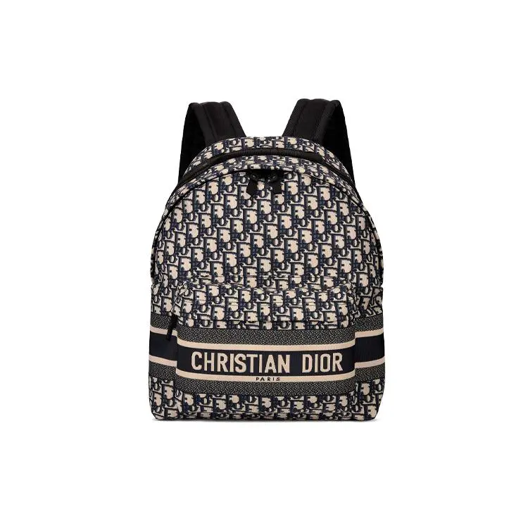 Dior Travel Original Embroidered Monogram Tech Fabric Backpack for Men and Women, Classic Style in Deep Denim Blue