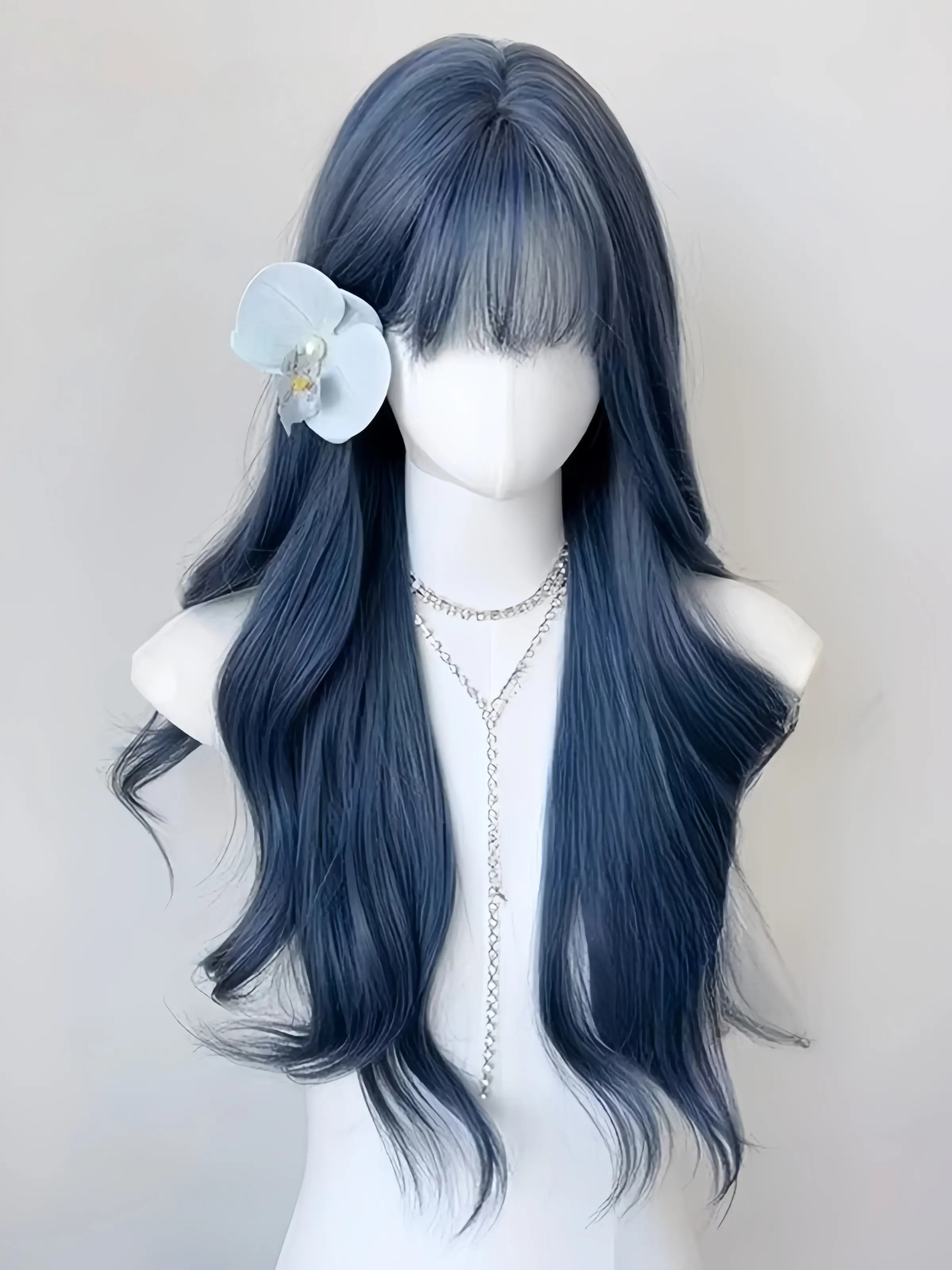 24-Inch Blue Long Wavy Wig Cap, Full Forelock Design, Natural Look, Heat-Resistant Synthetic Fiber, Suitable for All Occasions