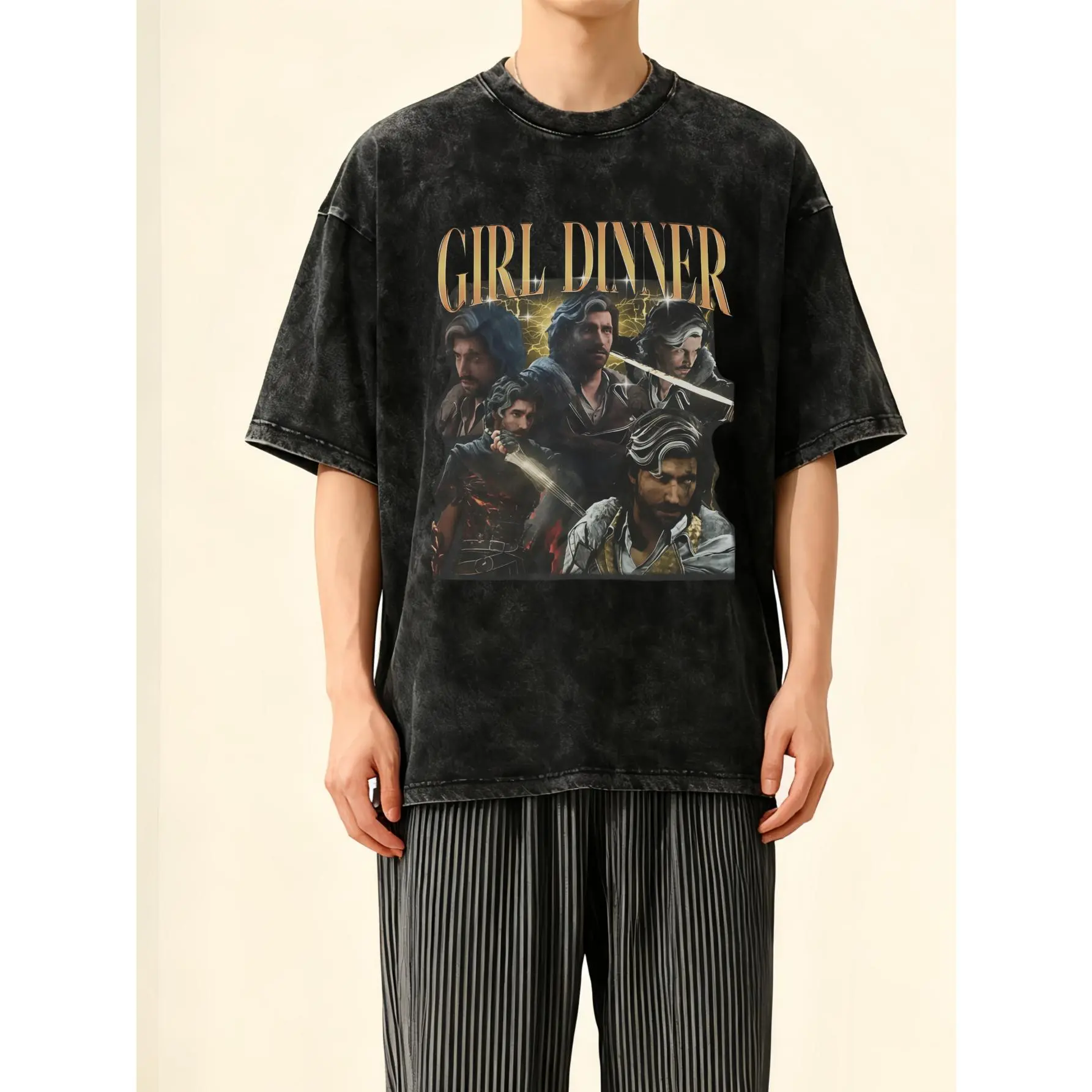 Men's Vintage Graphic T-Shirt with Baldur's Gate 3 Astarion Vampire Portrait and Shiny "Girl Dinner" Meme, Oversized Washed Short Sleeve Streetwear, Top, Menswear, Casual, Fabric, Knit, Viral Meme Text, Slight Stretch, Shortsleeve, Golden, Round Neck, Mac