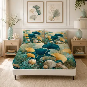 3pcs Luxury Coastal Teal Golden Ginkgo Seashell Coral Fitted Sheet Bedding Set, 1 Bed Sheet + 2 Pillow Covers Without Inserts, Single Side Digital Print Elastic Bed Cover, Ocean Botanical Decor Gift for Adult Bedroom Dorm Home