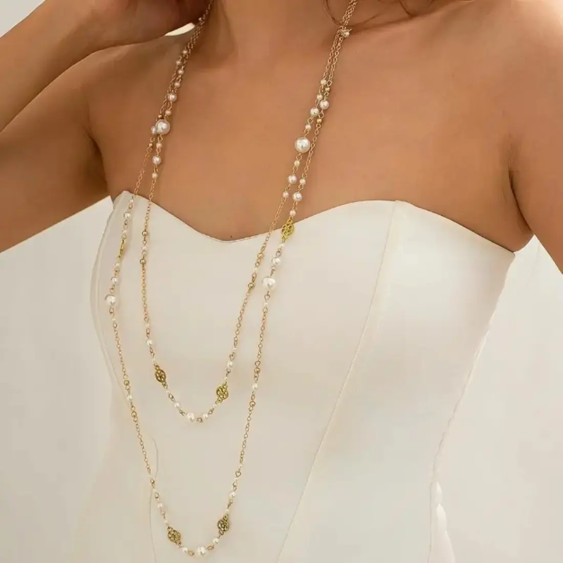 Women's Long Gold Pearl Necklaces, Trendy Dainty Layered Pearl Strands Chain, Y-Statement Fashion Costume Jewelry, Sweater Necklace Gift, Pearls Strands,summerwins,summeroutfits,vacationoutfits,beachoutfits