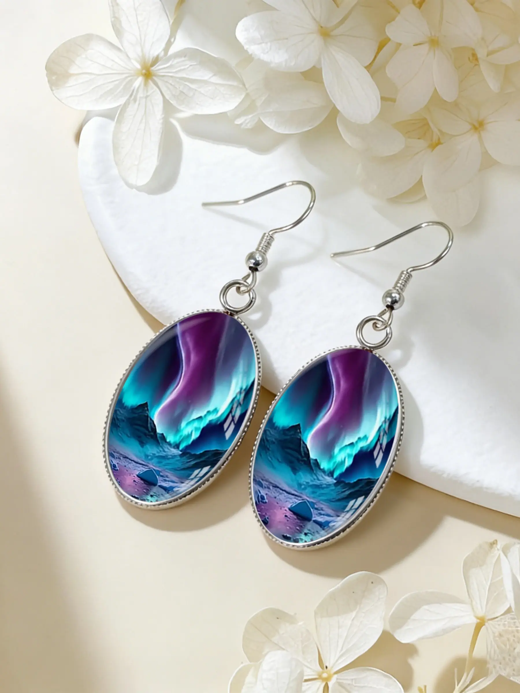 Unique Nordic Aurora Mountain Earrings, Vintage Silver Color Oval Crystal Pendant, Long Hook Ear Cuffs, Dreamy Polar Light Design, Versatile Earrings, Dangly Earrings