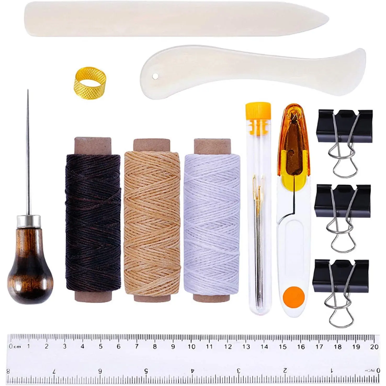 19 count Bookbinding Kit Tools |  Folder Paper Creaser, Waxed Thread, Awl, Large-Eye  for DIY Bookbinding Crafts and Sewing