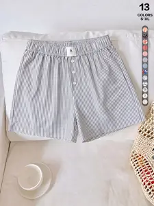 American Preppy Striped Lounge Shorts, Elastic High Waist, Button Fly Design, Leg-Lengthening, Summer Sleep Bottoms for Indoor & Casual Use