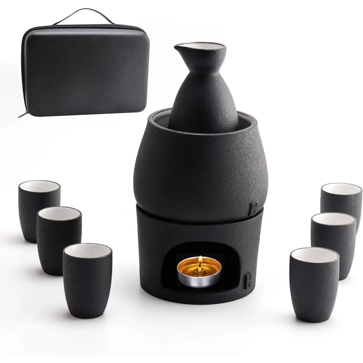 9pcs Ceramic Sake Set with Warmer Cups and Storage Box, Porcelain Pottery for Hot Cold Sake Drink, Includes Stove Warming Bowl Sake Bottle 6 Cups