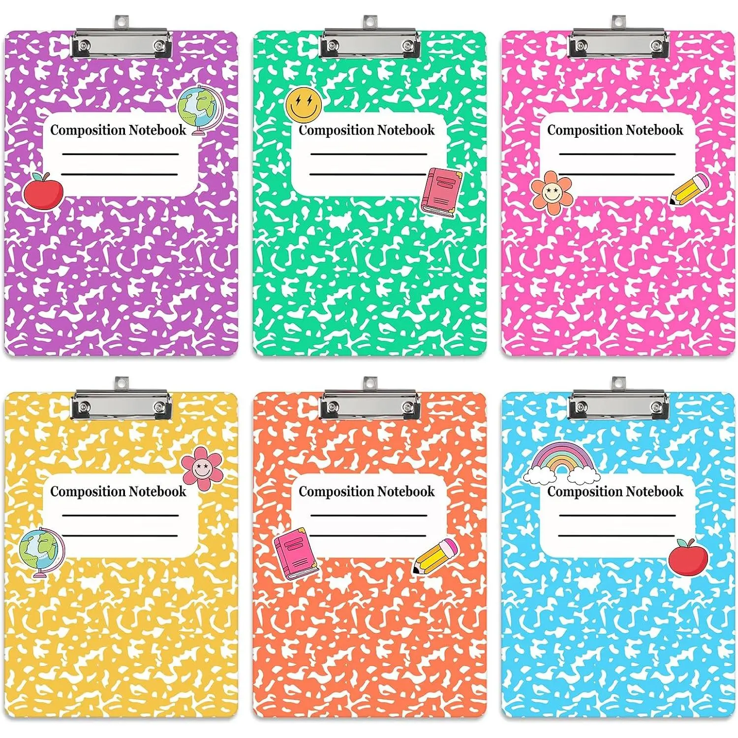 6-Count Bulk Teacher Clipboards (12.5x9 in, Thick Synthetic), School Theme Paper Holders with Low Profile Clip, A4 Size Colorful Composition Notebook Clipboards for Classroom Office Supplies