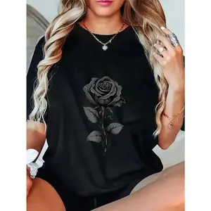 Cotton Unisex Black Rose Graphic T-Shirt,Casual Summer T-Shirt with Crew Neck,viral graphic tees