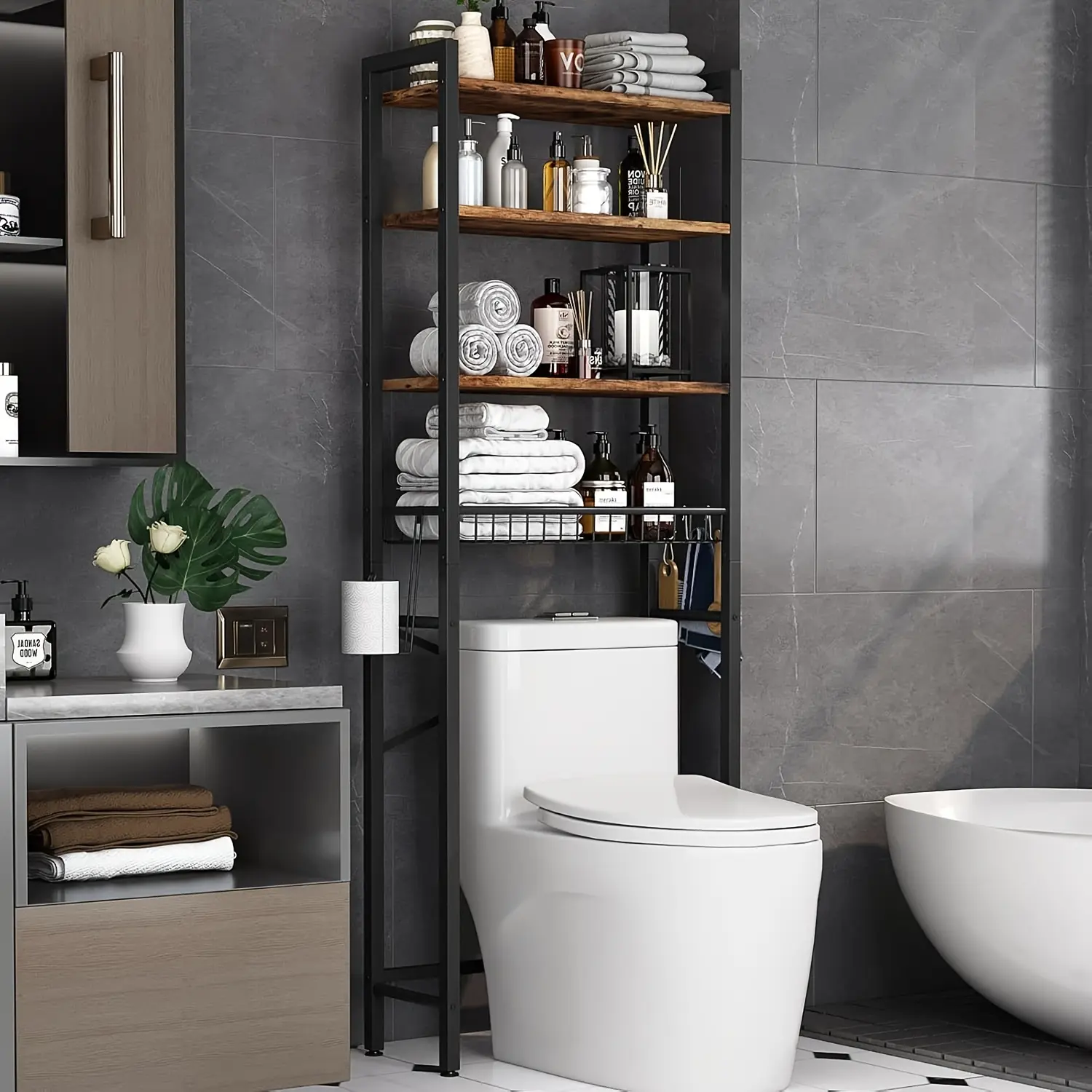 Over-The-Toilet Storage Rack 4-5-Tier Bathroom Organizer Over Toilet with Adjustable Shelves Storage Basket Freestanding Space Saver Shelf Above Toilet for Bathroom Laundry Room Balcony Holds Toiletries Towels Shower Supplies
