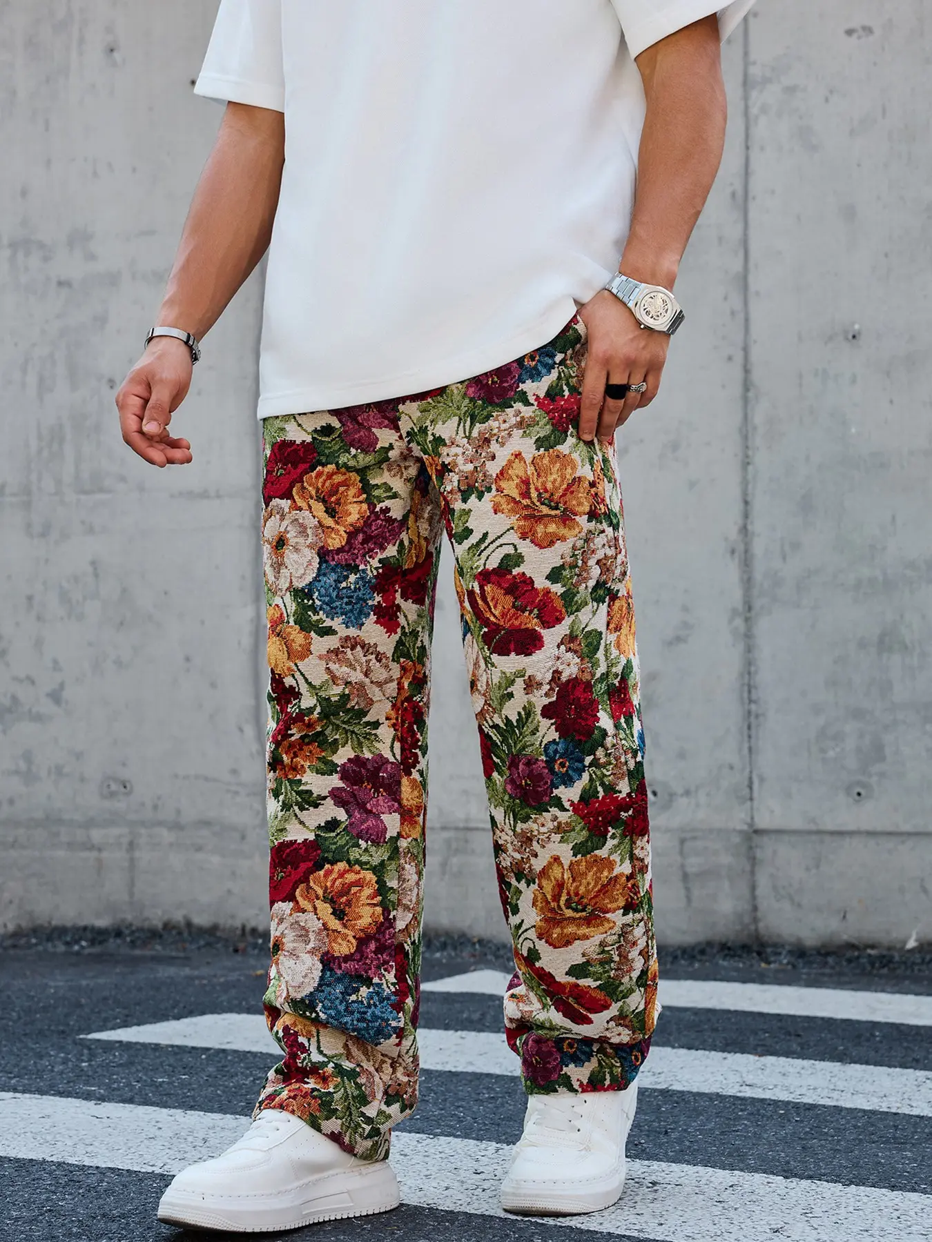 Men's Jacquard Casual Pants, Oil Painting Style, Loose Fit, Elastic Waist, Suitable for All Seasons, Outdoor Wear