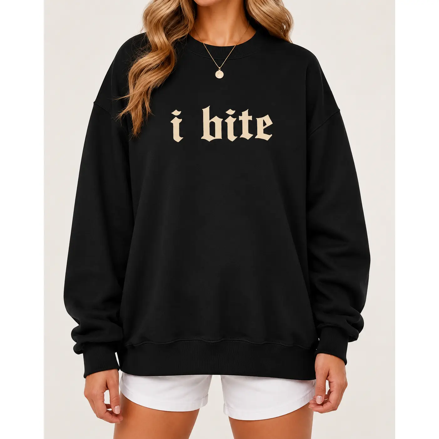 Women's Gothic "I Bite" Cotton Crewneck - Funny Meme Graphic Print Regular Round Neck Long Sleeve Sarcastic Pullover, Humorous Outfit, Funny Gift For Her